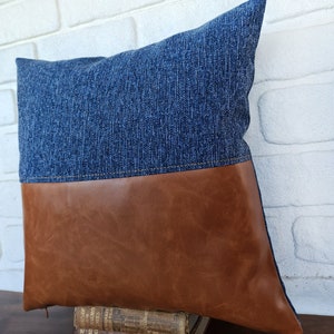 Half cognac faux leather and half denim look blue fabric pillow cover/color block faux leather pillow cover/Housewarming Gift-1qty image 4