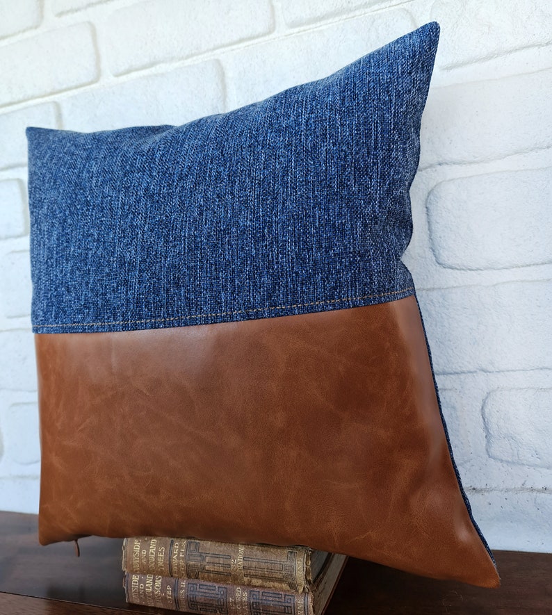 Half cognac faux leather and half denim look blue fabric pillow cover/color block faux leather pillow cover/Housewarming Gift-1qty image 4