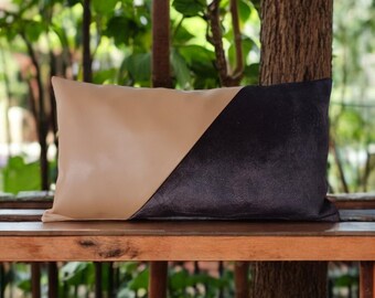 Tan faux leather and dark brown velvet pillow cover /modern scandinavian  homes-1pcs