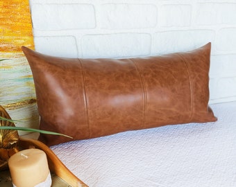 Old look cognac faux leather  pillow cover- 4 piece design-lumbar pillow cover/modern home decor /housewarming gift -1pcs