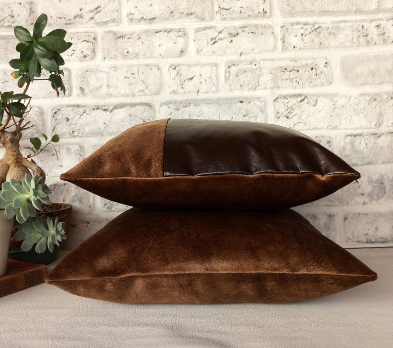 Dark Brown Faux Leather and Velvet Brown Color Fabric Pillow Etsy