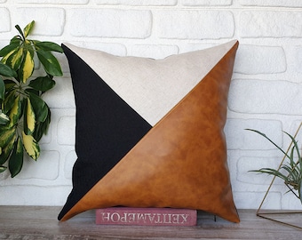 Oscar camel-black-beige color triangle diagonal design distressed leather look fabric pillow cover/housewarming gift-1pcs