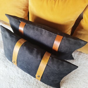 Black faux suede fabric pillow cover with camel color faux leather straps/modern scandinavian home decor/housewarming gift 1pcs image 5