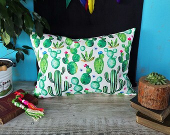 Fodera per cuscino con stampa botanica e motivo acquerello di cactus - retro in tessuto di velluto bianco - 20''x20''
