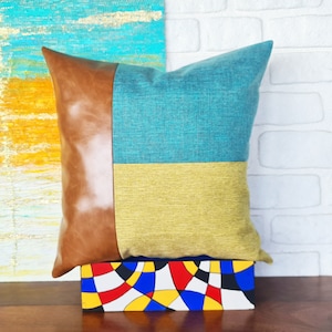 18x18''(45x45cm)Cubierta de almohada de bloque de color azul y amarillo de cuero sintético camel - funda de almohada de cuero sintético/Regalo de bienvenida-1qty