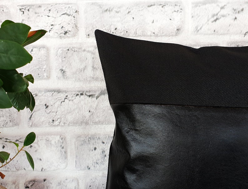 Black Charcoal Faux Leather and Black Polylinen Fabric Pillow Etsy