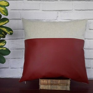 Cognac brown faux leather and beige cotton-linen pillow cover/faux leather pillow cover/Housewarming Gift/Colorful Homes-1pcs image 2