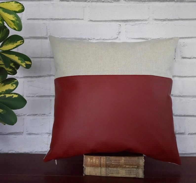 Cognac brown faux leather and beige cotton-linen pillow cover/faux leather pillow cover/Housewarming Gift/Colorful Homes-1pcs image 2