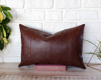 Oscar dark brown soft faux leather lumbar pillow cover with decorative stitches/modern Scandinavian houses-1qty