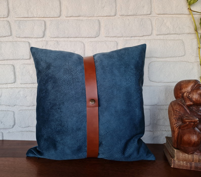Baby face soft blue velvet fabric pillow cover with cognac brown faux leather straps/faux leather pillow/Housewarming Gift-1qty image 1