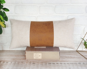 Zen camel and  beige linen fabric  lumbar pillow cover/Color block pillow/modern scandinavian  homes-1qty