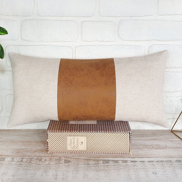 Zen camel and  beige linen fabric  lumbar pillow cover/Color block pillow/modern scandinavian  homes-1qty