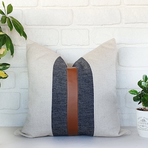 Color Block Design Vertical Cognac Fine Line Tan Faux Leather and Natural - Black Linen Look Fabric Pillow Cover - Housewarming Gift