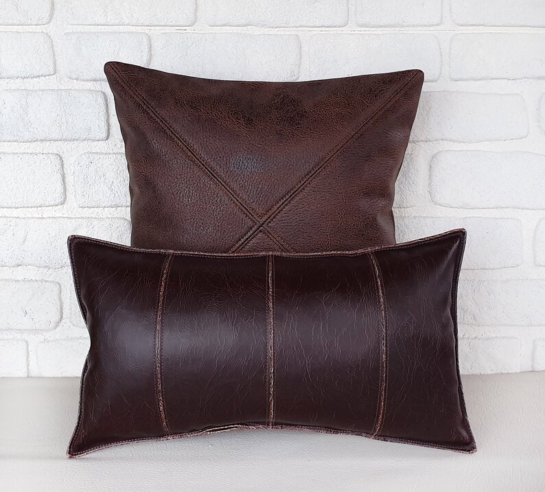 Dark Brown Cognac Orient M Faux Leather Lumbar Pillow with Etsy