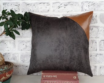 Camel & Gray Faux Leather Pillow Cover: Modern Scandinavian Decor