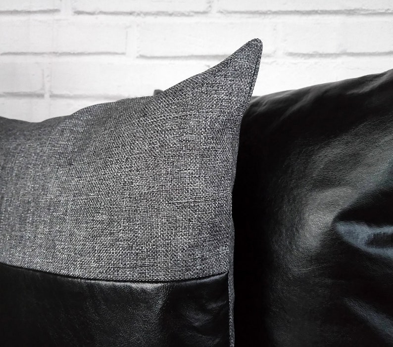 Black faux leather and gray-black color fabric pillow cover/faux leather pillow cover/Housewarming Gift/Colorful Homes/Modern Houses-1pcs image 9