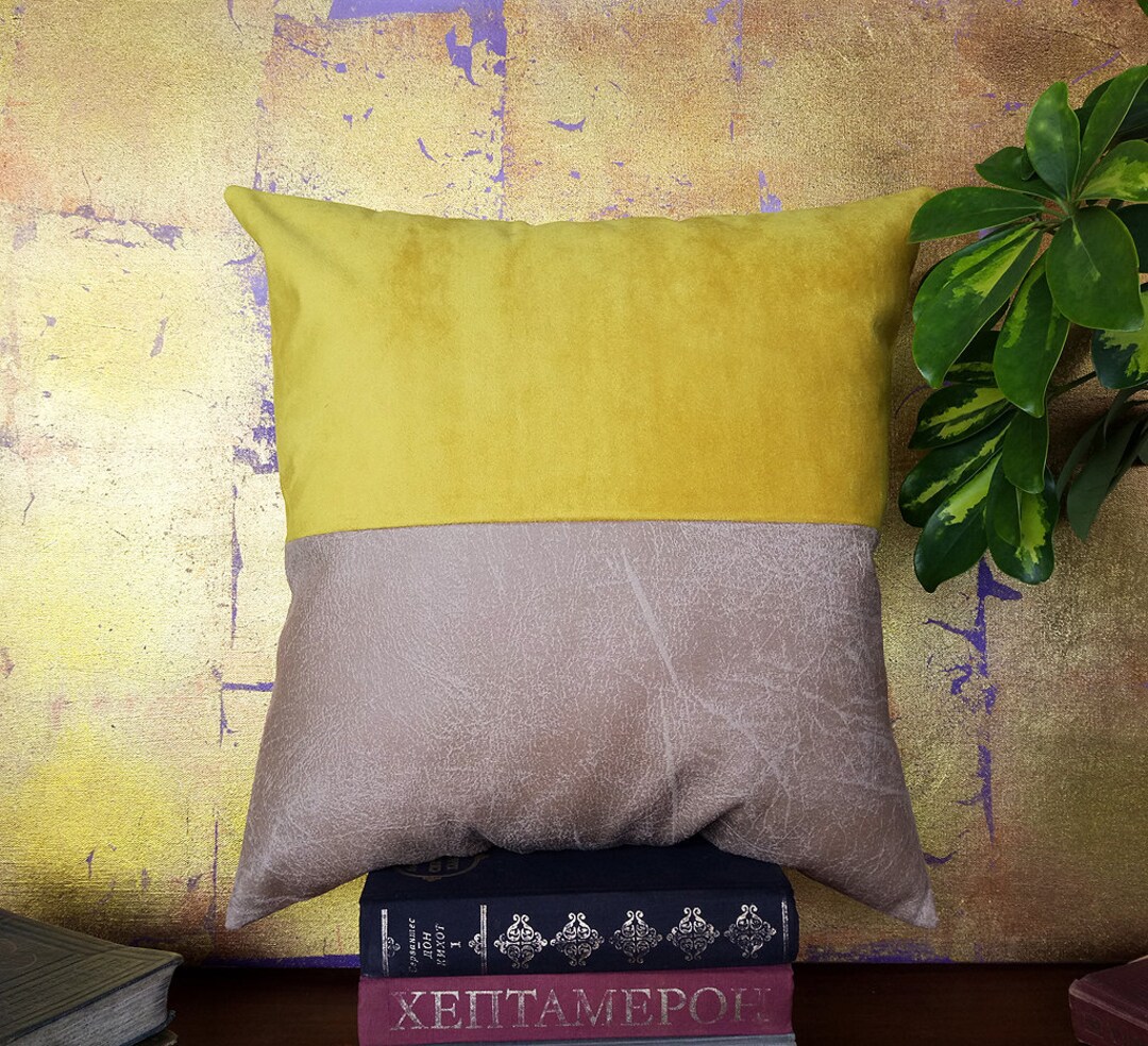 Beige Faux Leather Fabric and Yellow Faux Suede Pillow Cover/modern