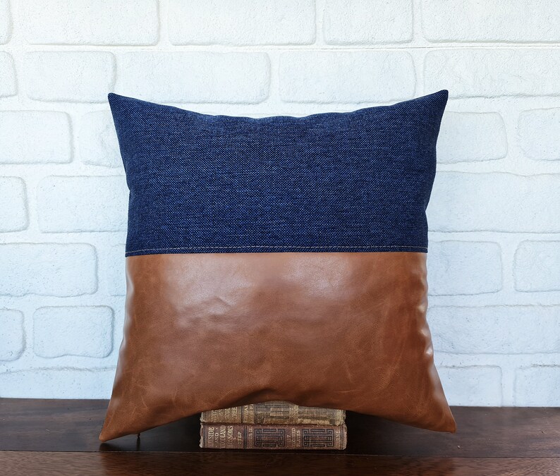 Half cognac faux leather and half denim look blue fabric pillow cover/color block faux leather pillow cover/Housewarming Gift-1qty Indigo blue