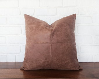 Montana milky brown-3 colors optional piecewise square soft faux leather fabric pillow cover with decorative stitches/Housewarming gift