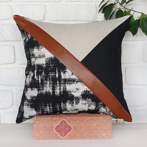 Cognac-black and white-black-beige color triangle diagonal design faux leather fabric pillow cover/color block pillow/housewarming gift-1qty