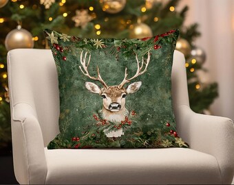 Funda de almohada navideña de 45 x 45 cm: Papá Noel, caballo balancín, ciervo y estrella.