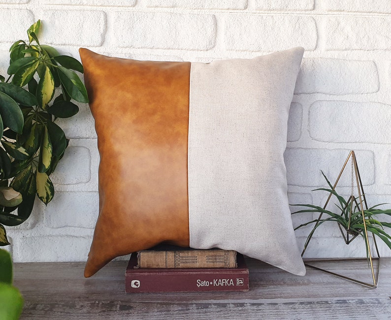 Oscar Camel Color Faux Leather and Natural Linen Pillow - Etsy