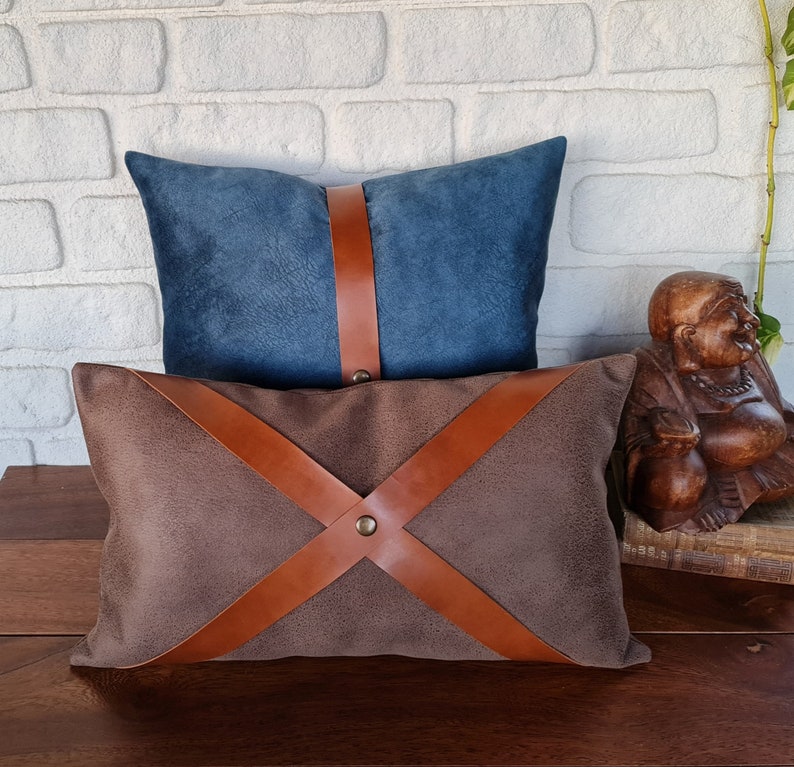 Baby face soft blue velvet fabric pillow cover with cognac brown faux leather straps/faux leather pillow/Housewarming Gift-1qty image 3