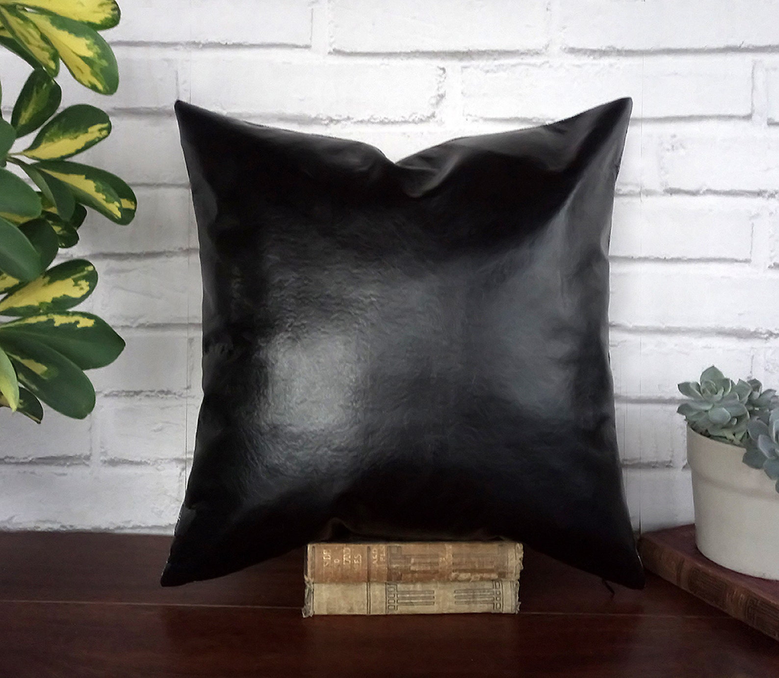 Black Faux Leather Fabric Pillow Coverblackgray Linen Look Etsy
