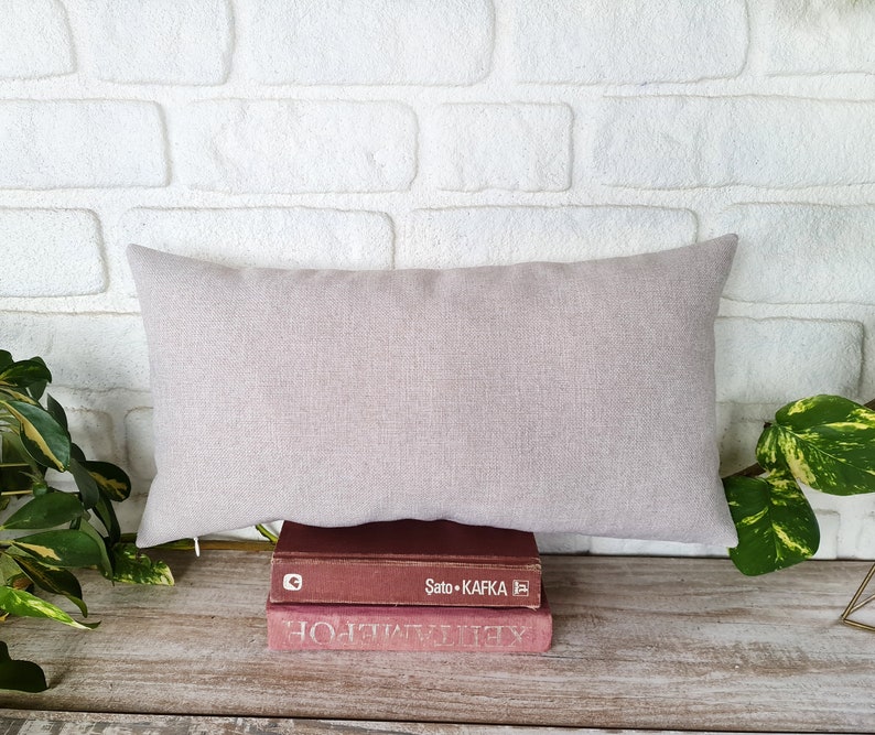 May include: A light gray linen throw pillow resting on top of two books. The top book is red and has the text "Sato + Kafka" on the spine. The bottom book is a dark red color.