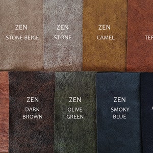 May include: A color chart of 10 different leather swatches. The swatches are labeled with the names "ZEN IVORY", "ZEN STONE BEIGE", "ZEN STONE", "ZEN CAMEL", "ZEN TERRACOTTA", "MONICA", "ZEN DARK BROWN", "ZEN OLIVE GREEN", "ZEN SMOKY BLUE", and "ZEN ANTHRACITE BLACK".