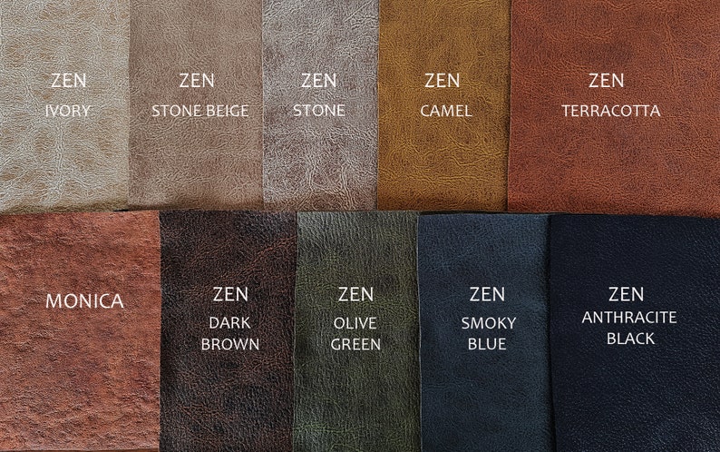 May include: A color chart of 10 different leather swatches. The swatches are labeled with the names "ZEN IVORY", "ZEN STONE BEIGE", "ZEN STONE", "ZEN CAMEL", "ZEN TERRACOTTA", "MONICA", "ZEN DARK BROWN", "ZEN OLIVE GREEN", "ZEN SMOKY BLUE", and "ZEN ANTHRACITE BLACK".