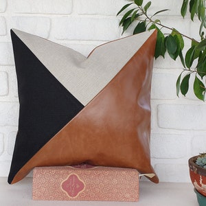 Cognac santana-black-beige color triangle diagonal design  faux leather fabric pillow cover/scandinavian homedecor/housewarming gift-1pcs