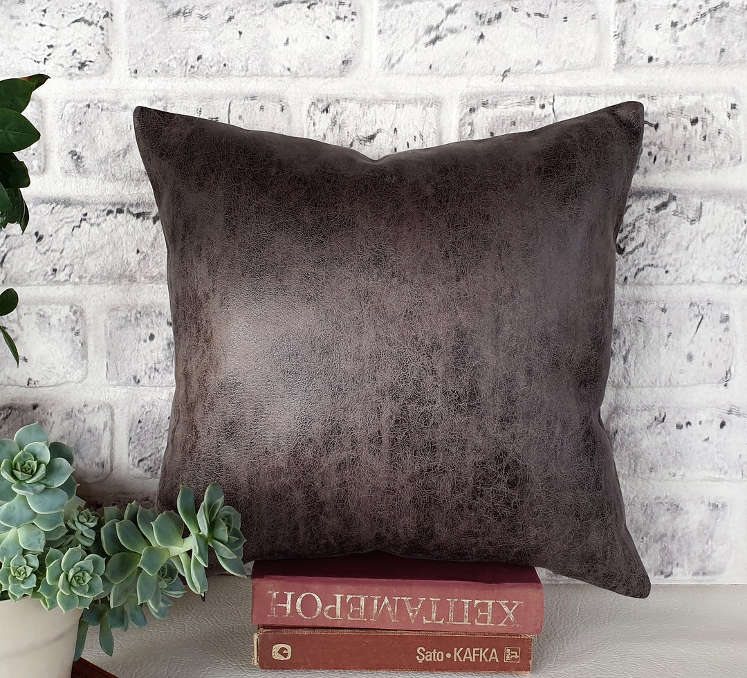 Fast Shipping/new Rustic Dark Gray Thick Vegan Leather Pillow Cover