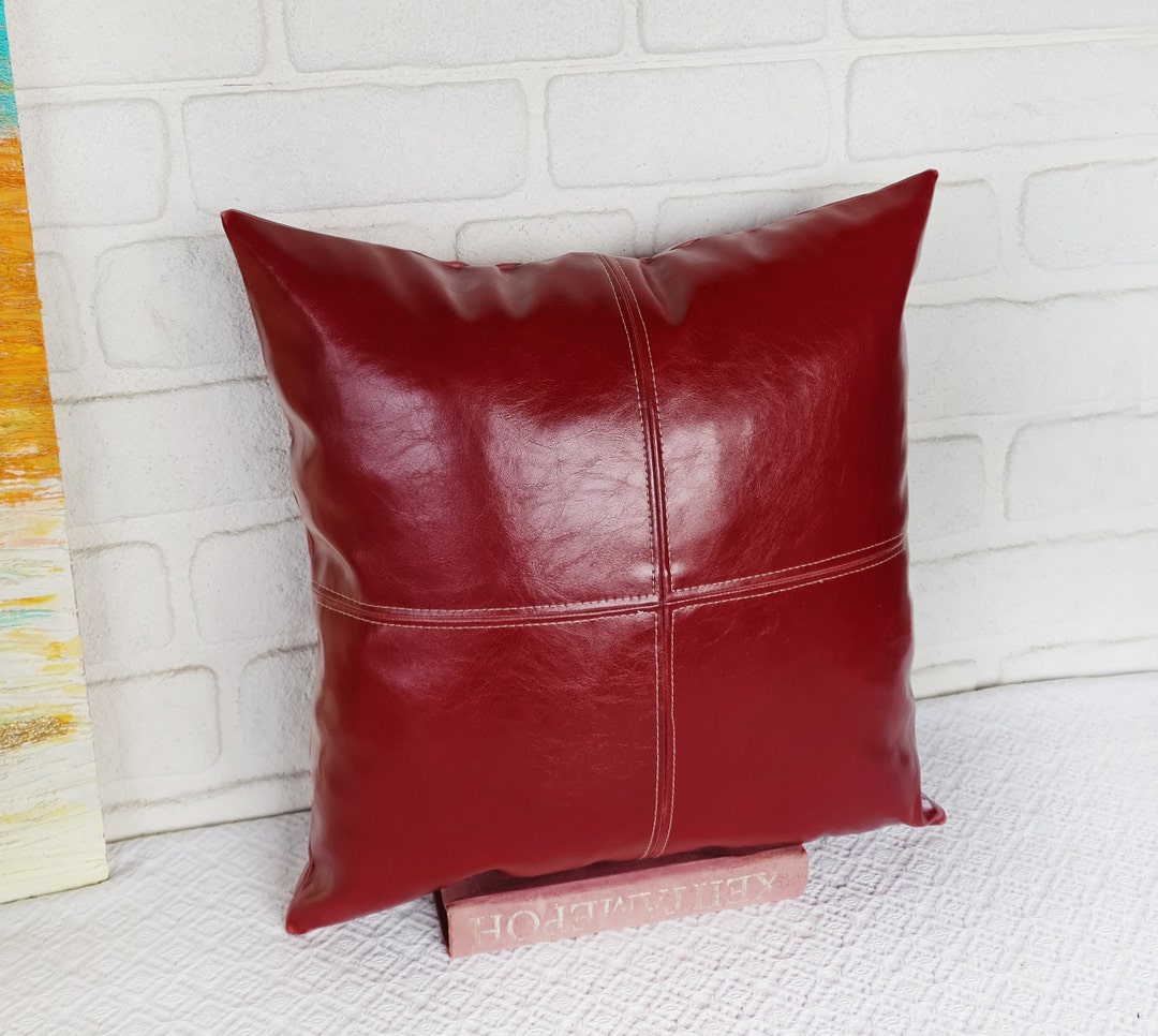 Modern Sofa Pillows, Red Piecewise Square Faux Leather Pillow Cover 4