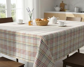 Embossed Plaid Cotton Tablecloth: Cream Country Style, Custom Sizes