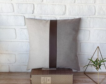 Brown Faux Leather & Gray Linen Pillow Cover: Modern Home Decor