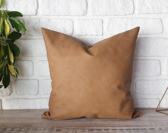 Rustic Saddle Tan Faux Leather Pillow Cover: Modern Sofa Decor (16x16'')