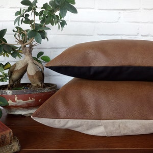 May include: Two brown faux leather throw pillows with black and beige trim. The pillows are stacked on top of each other.