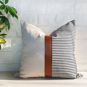 Three-piece vertical fine line cognac brown faux leather and striped -denim cotton pillow cover/lumbar pillow cover/Housewarming Gift-1QTY