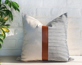 Cognac Faux Leather & Striped Denim Pillow Cover: Modern Home Decor