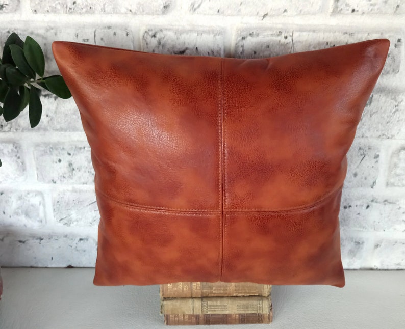 Rustic new terracotta brown color piecewise square soft faux leather fabric lumbar pillow cover with decorative stitches-1QTY image 4