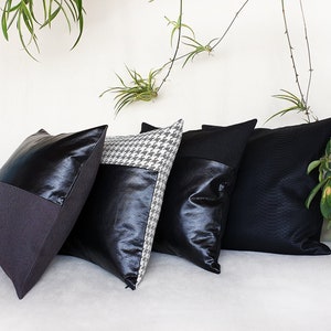Black charcoal faux leather and anthracite poly-linen fabric pillow cover/faux leather pillow cover/Colorful Homes/Modern Houses-1pcs image 8