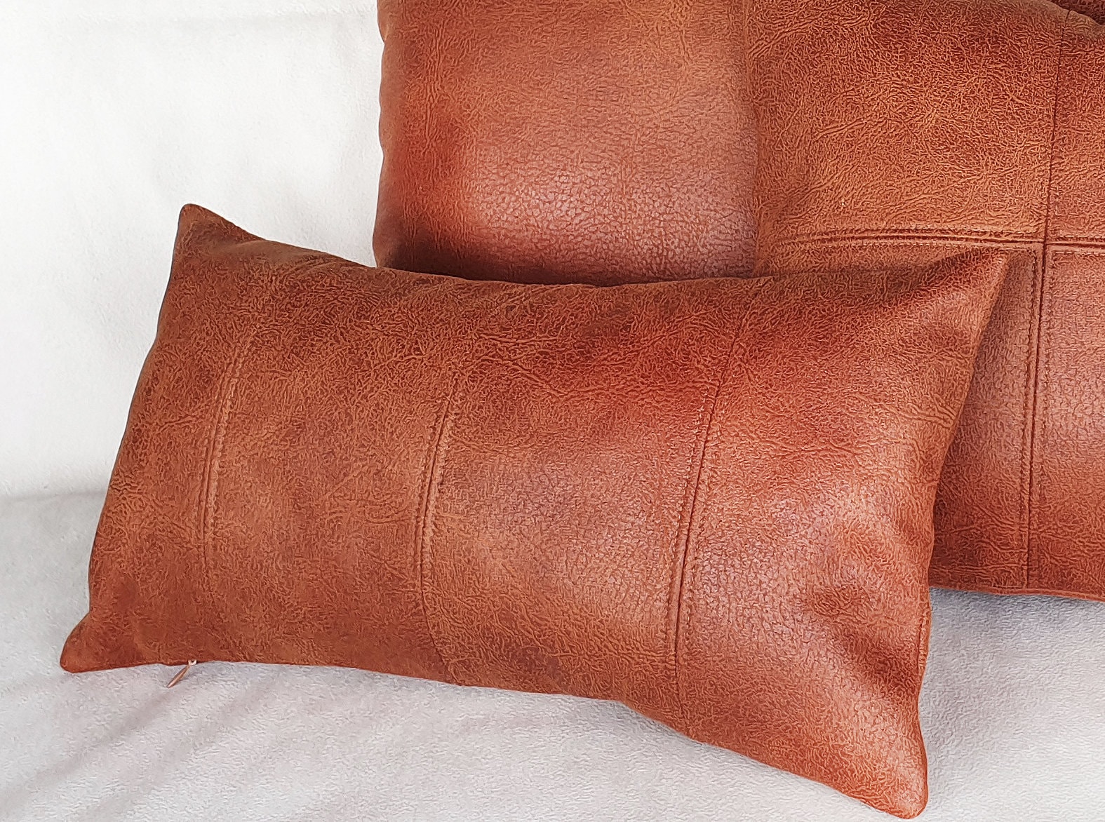 Brown faux Leather Lumbar Pillow with Decorative Stitches and Etsy