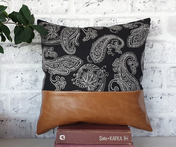 Camel Faux Leather Pillow Cover: Black Linen Kilim Pattern