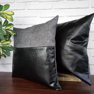 Black faux leather and gray-black color fabric pillow cover/faux leather pillow cover/Housewarming Gift/Colorful Homes/Modern Houses-1pcs image 8