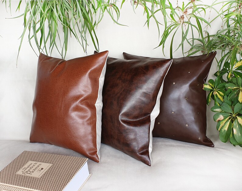 Oldish Look Brown Faux Leather Pillow Coverold Look Etsy