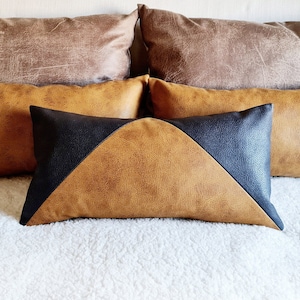 Modern sofa pillows,Decorative throw pillow for bed,Modern pillows for living room, Zen camel black faux leather pillow covers-1qty