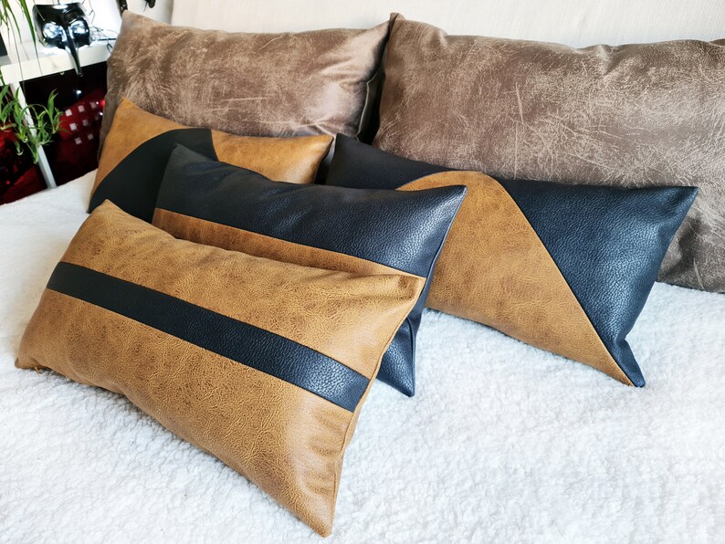 Zen Camel and Black Strip Color Block Design Lumbar Pillow Etsy