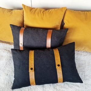 Black faux suede fabric pillow cover with camel color faux leather straps/modern scandinavian home decor/housewarming gift 1pcs image 3