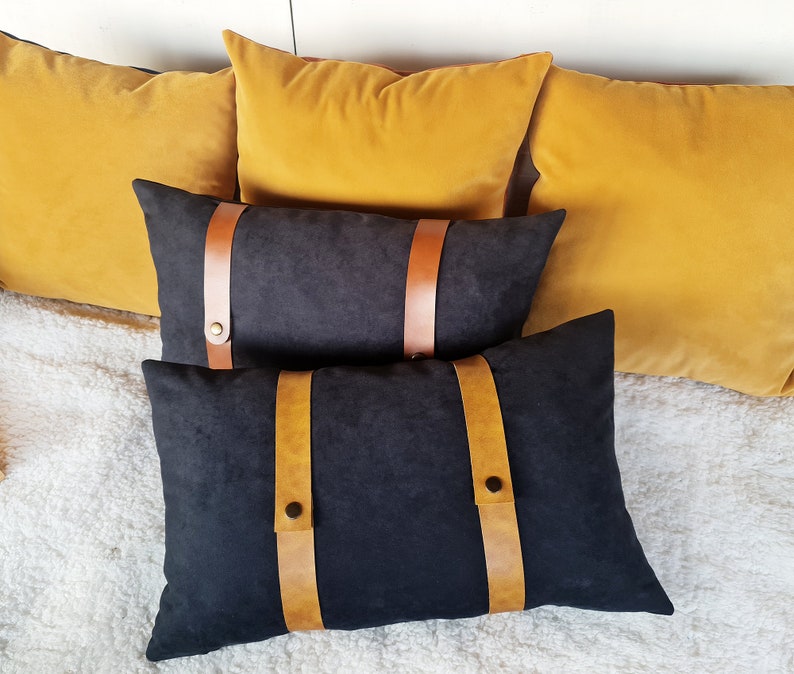 Black faux suede fabric pillow cover with camel color faux leather straps/modern scandinavian home decor/housewarming gift 1pcs image 3